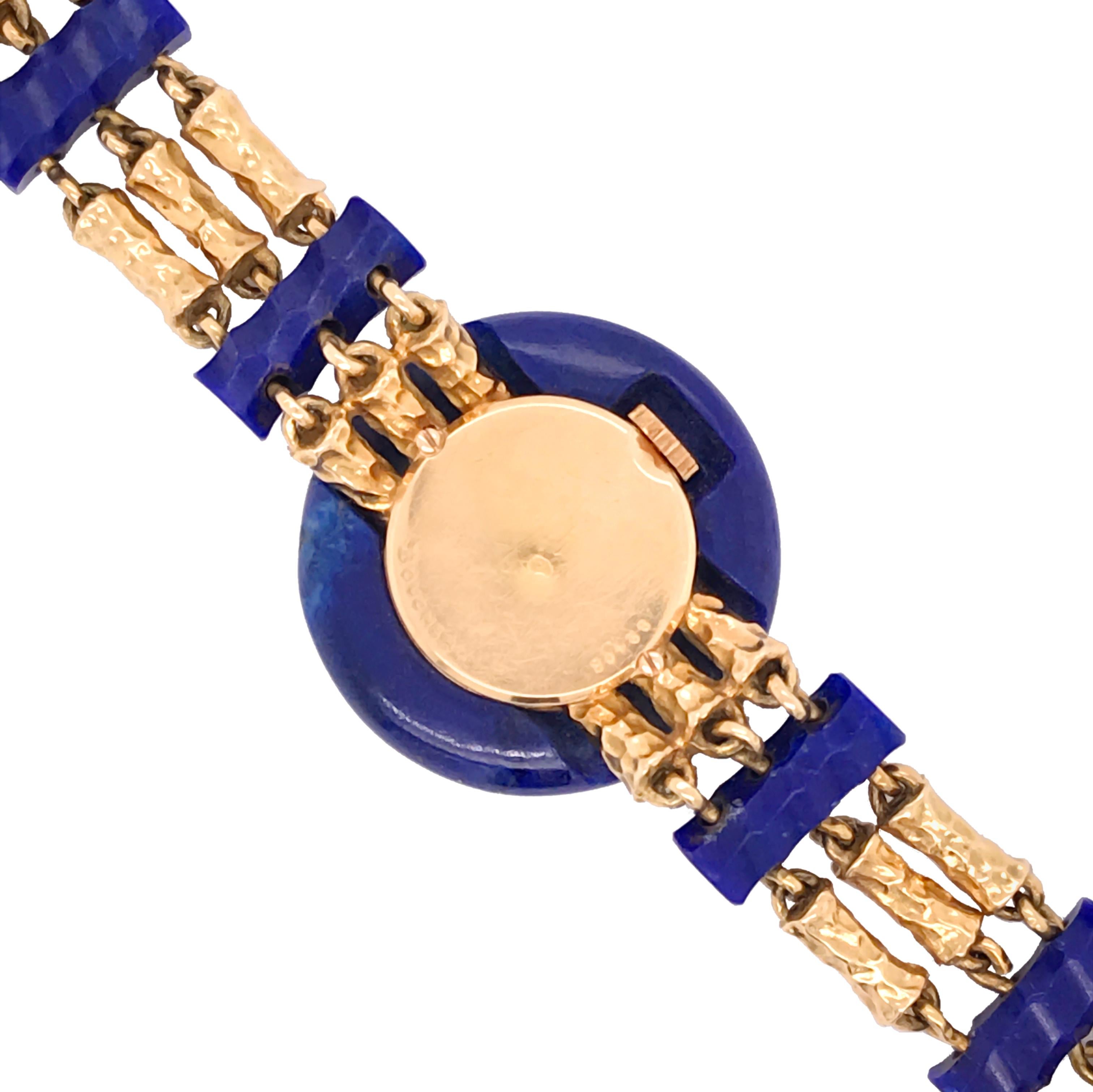 Victorian Triple Strand Hammered Gold, Lapis and Diamond Bracelet-Watch, Boucheron, Paris