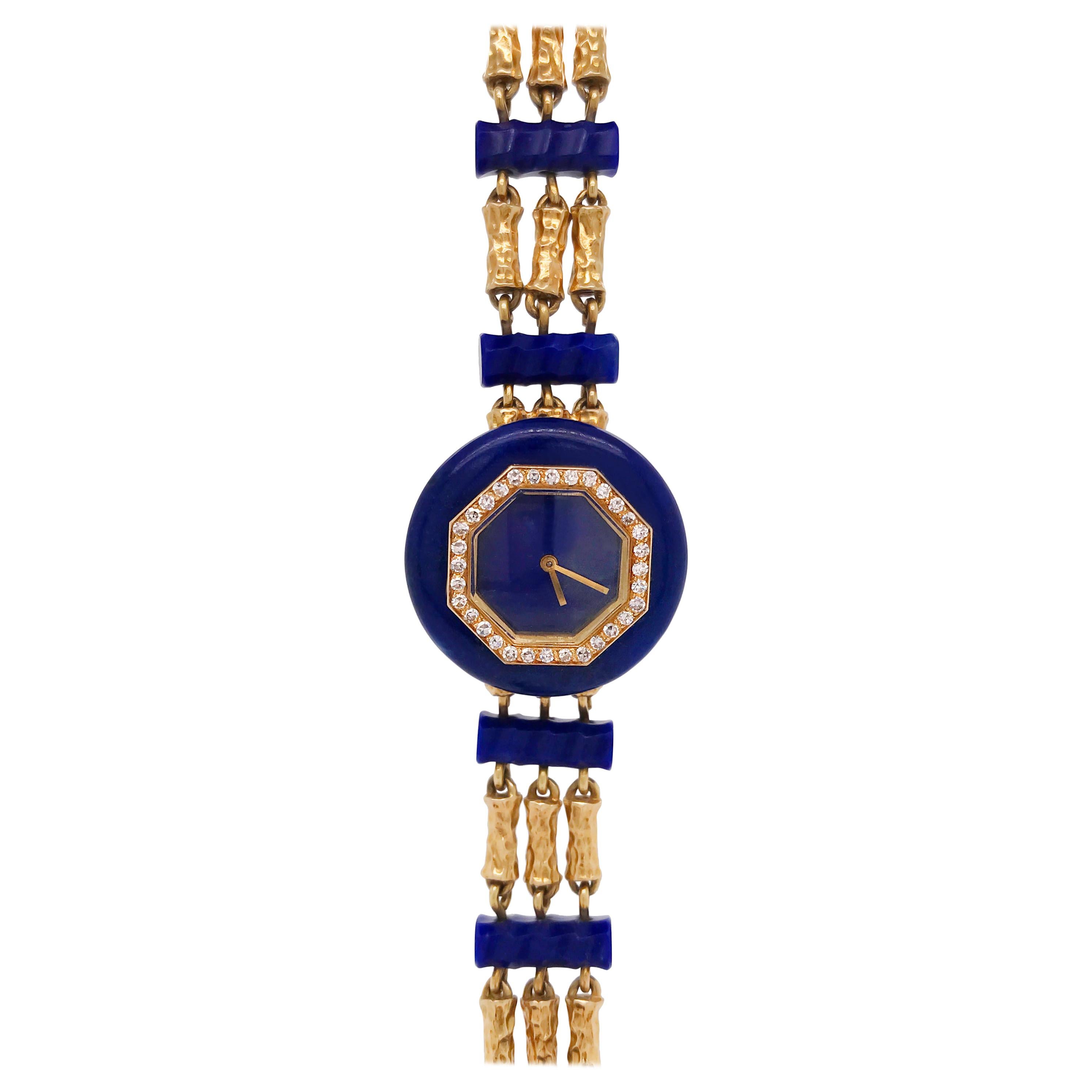 Triple Strand Hammered Gold, Lapis and Diamond Bracelet-Watch, Boucheron, Paris