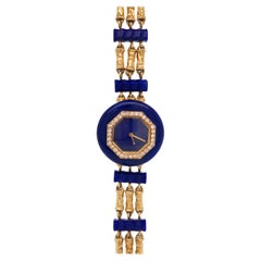 Antique Triple Strand Hammered Gold, Lapis and Diamond Bracelet-Watch, Boucheron, Paris