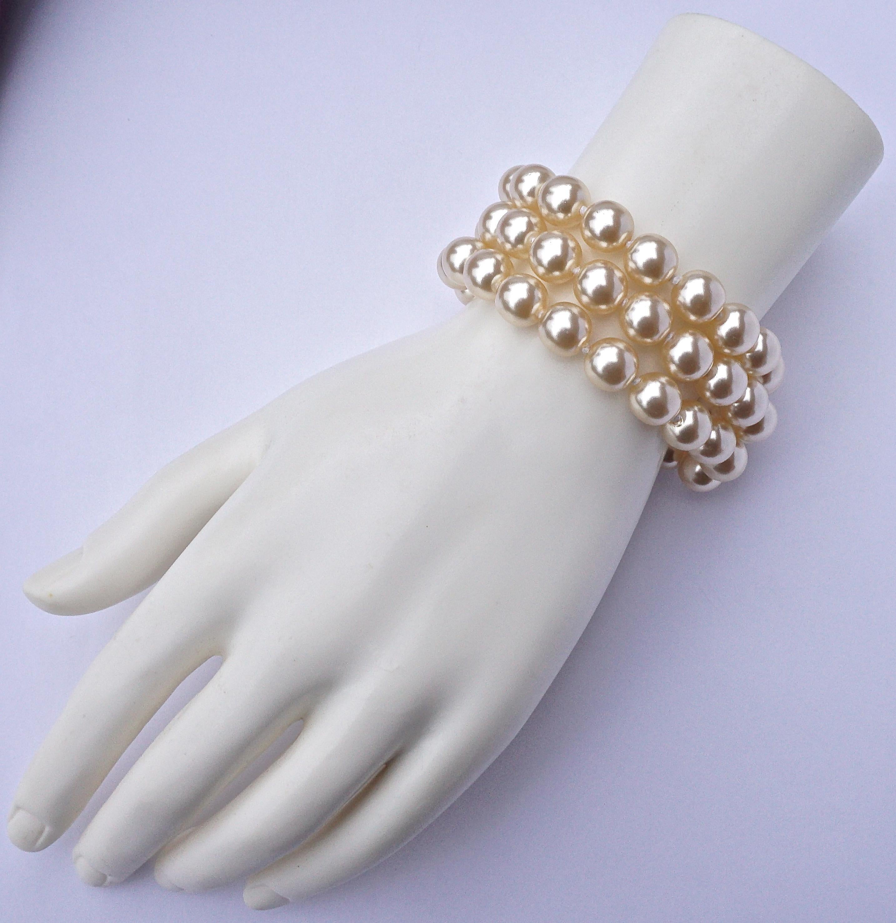 Triple Strand Knotted Faux Pearl Bracelet with a Fancy Gold Tone Clasp In Good Condition In London, GB