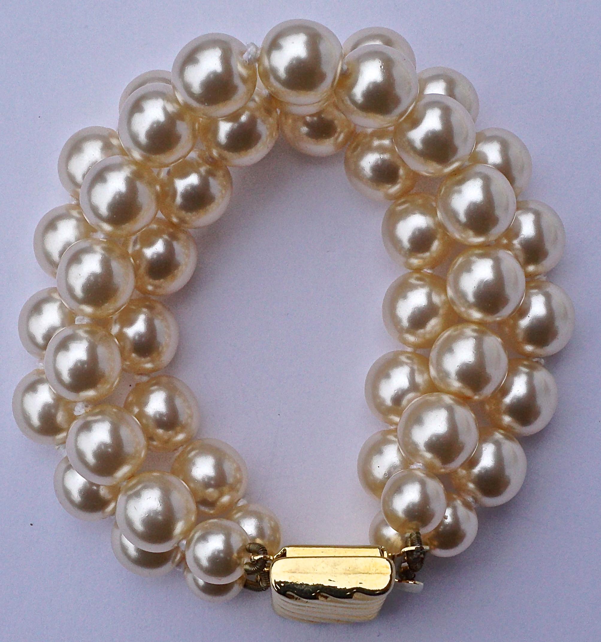 Triple Strand Knotted Faux Pearl Bracelet with a Fancy Gold Tone Clasp 1