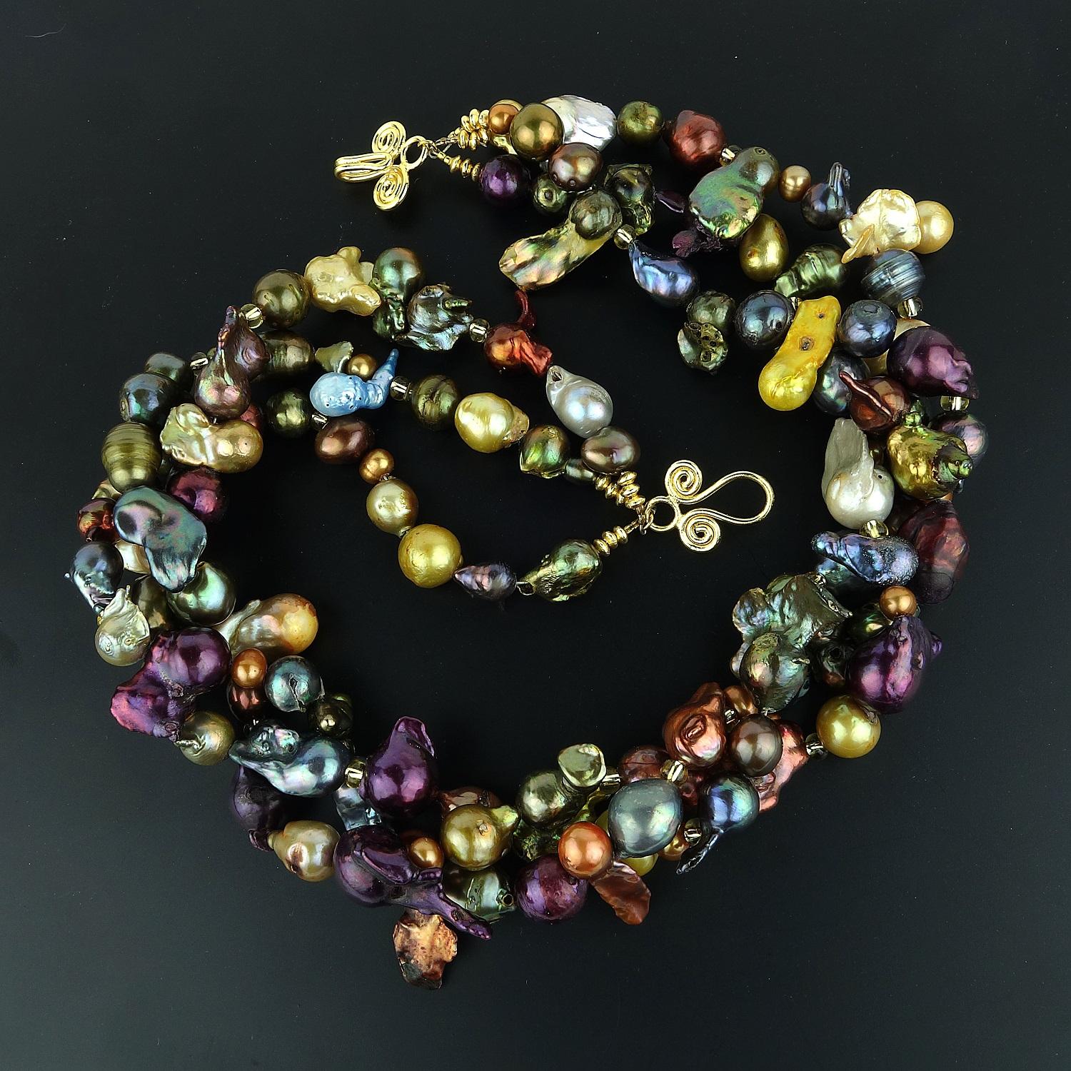 Women's Triple Strand Multi-Color  Pearl Necklace