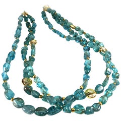 Triple Strand Necklace of Polished Apatite Nuggets with Goldy Accents