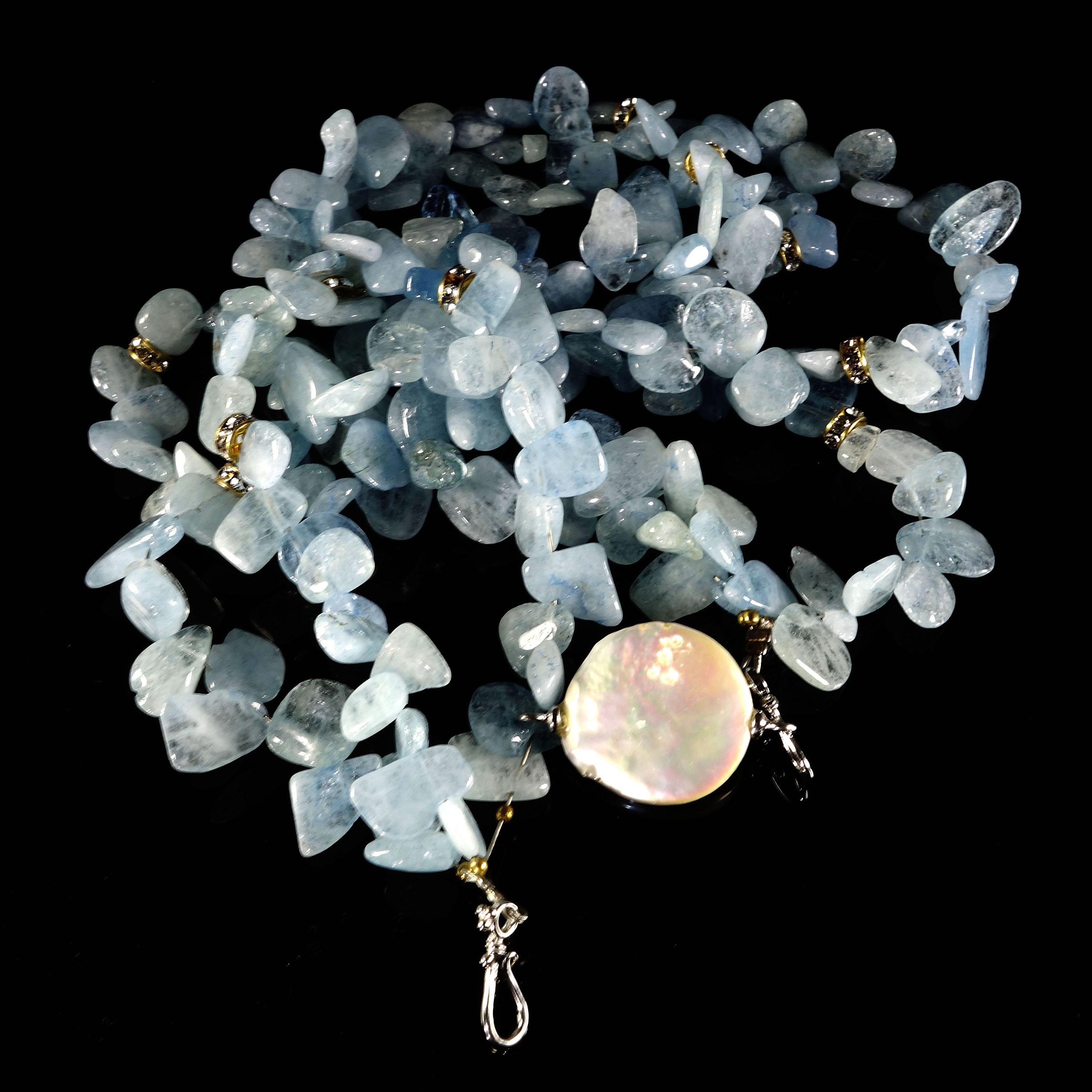 Artisan Gemjunky Triple Strand Necklace of Polished Aquamarine Chips March Birthstone