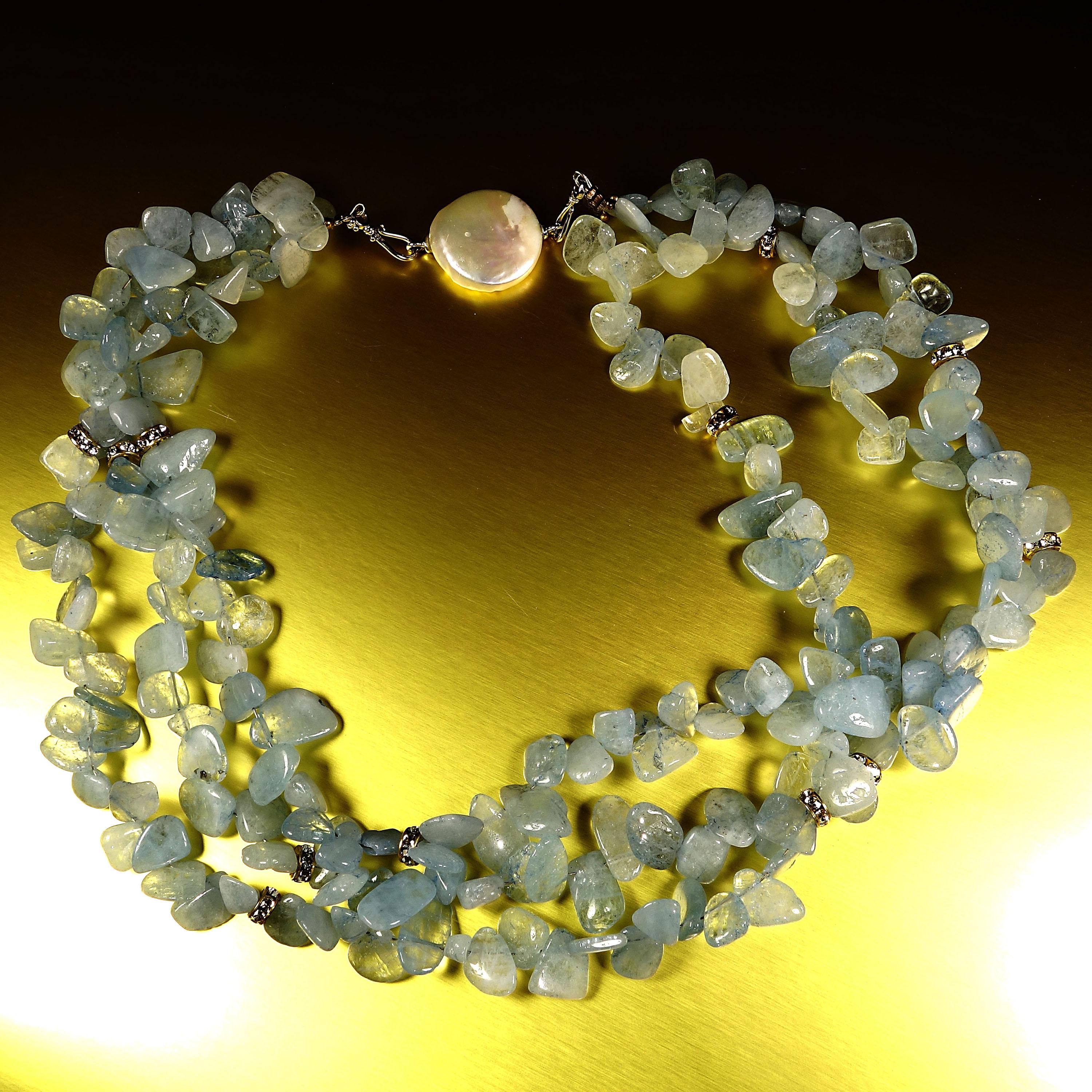Gemjunky Triple Strand Necklace of Polished Aquamarine Chips March Birthstone In New Condition In Raleigh, NC