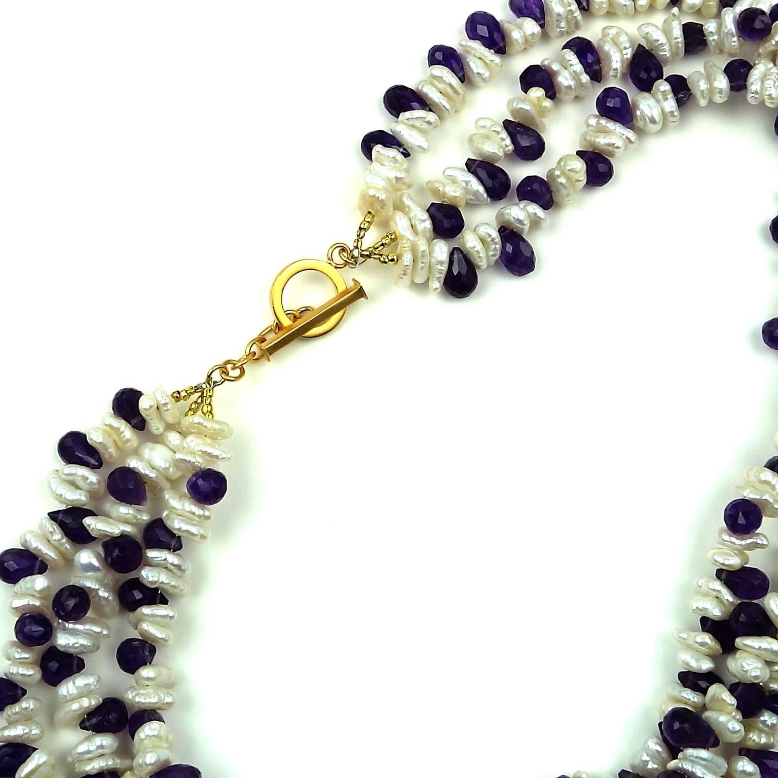 Triple strand Pearl and Amethyst Necklace  February Birthstone 1