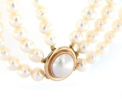 Triple Strand Pearl and Mabe Pearl Clasp Necklace in 14K Yellow Gold