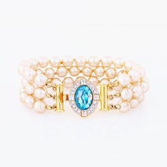 Triple Strand Pearl Bracelet w Aquamarine Crystal Clasp By Nolan Miller, 1980s