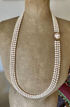 Triple Strand Pearl Diamond 14K Gold Necklace 36 Inch Opera Length 7mm Pearls
