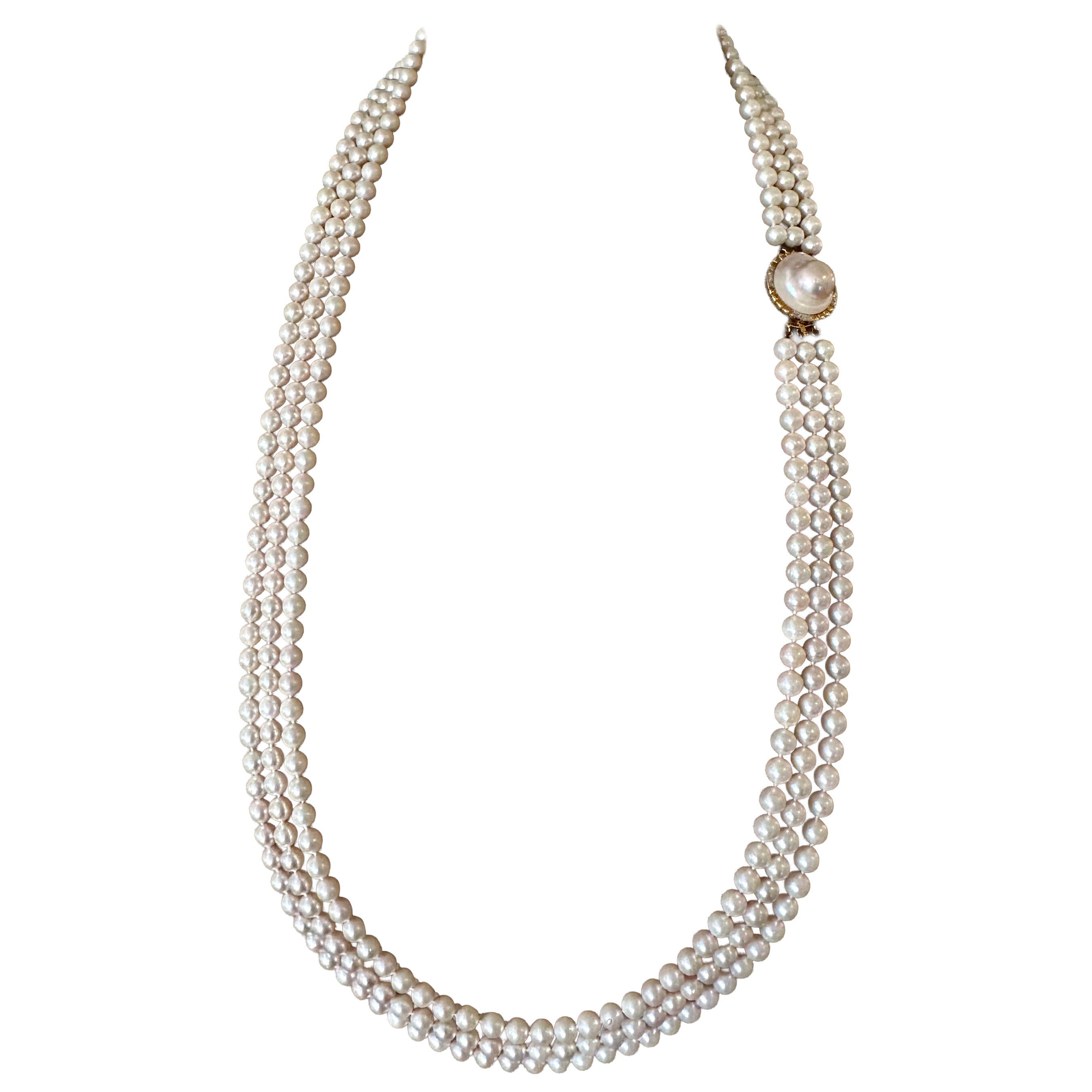 Dreifach Strang Perle Diamant 14K Gold Halskette 36 Zoll Oper Länge 7mm Perlen