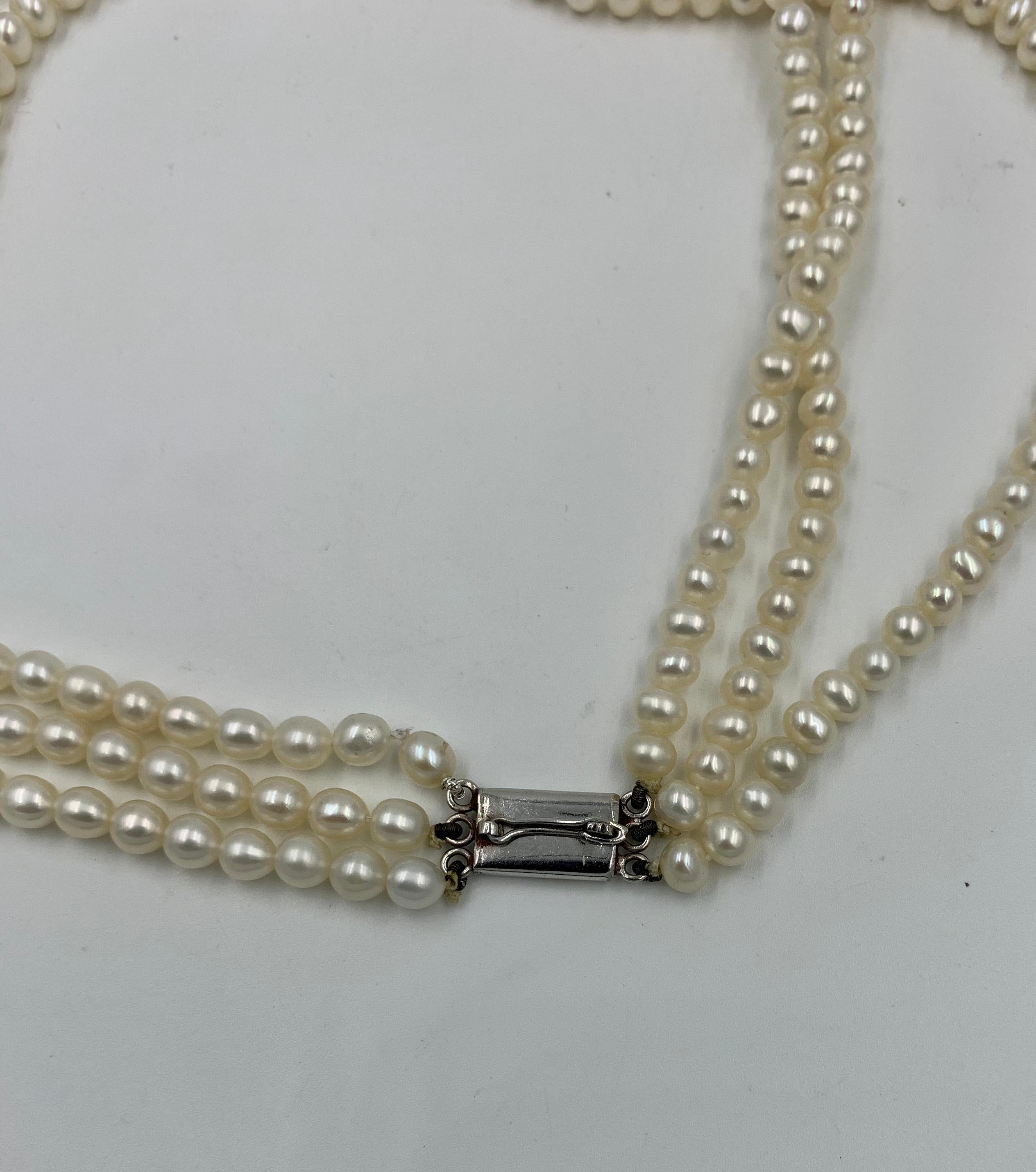 Triple-Strand Pearl Diamond Necklace 14 Karat White Gold Retro Hollywood Regency 2