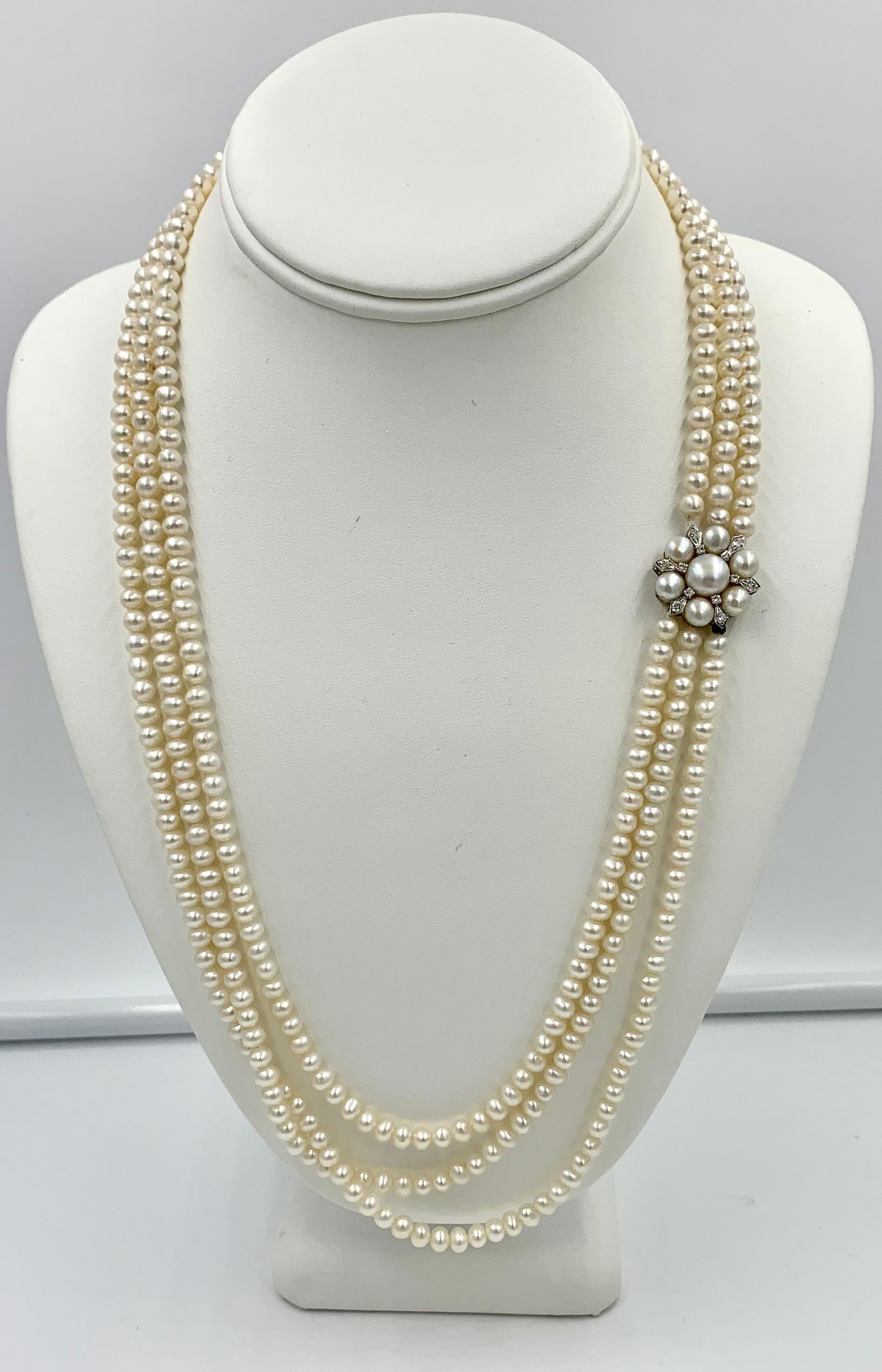 Round Cut Triple-Strand Pearl Diamond Necklace 14 Karat White Gold Retro Hollywood Regency
