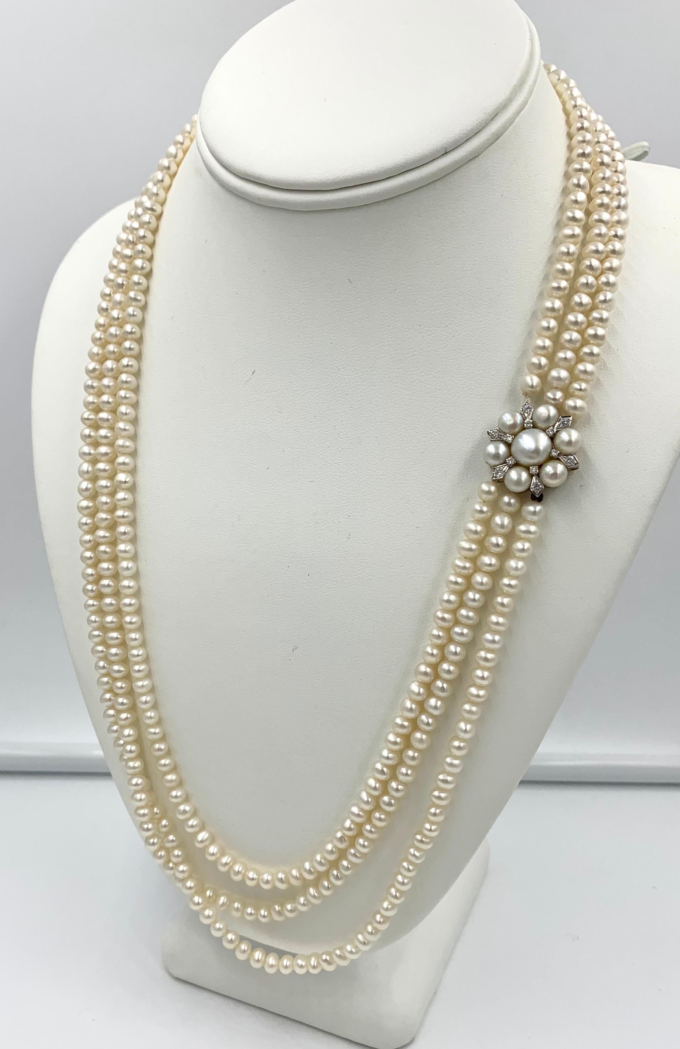 Women's Triple-Strand Pearl Diamond Necklace 14 Karat White Gold Retro Hollywood Regency