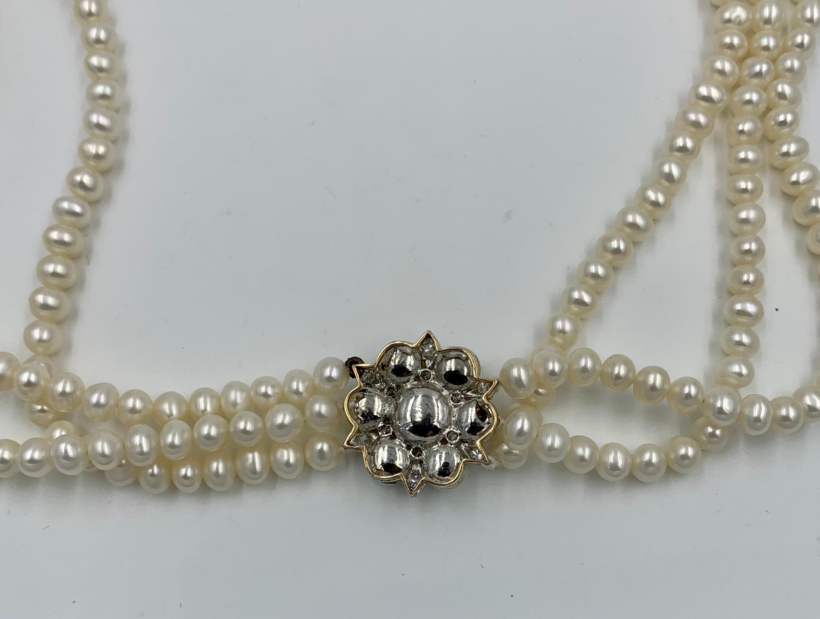 Triple-Strand Pearl Diamond Necklace 14 Karat White Gold Retro Hollywood Regency 1