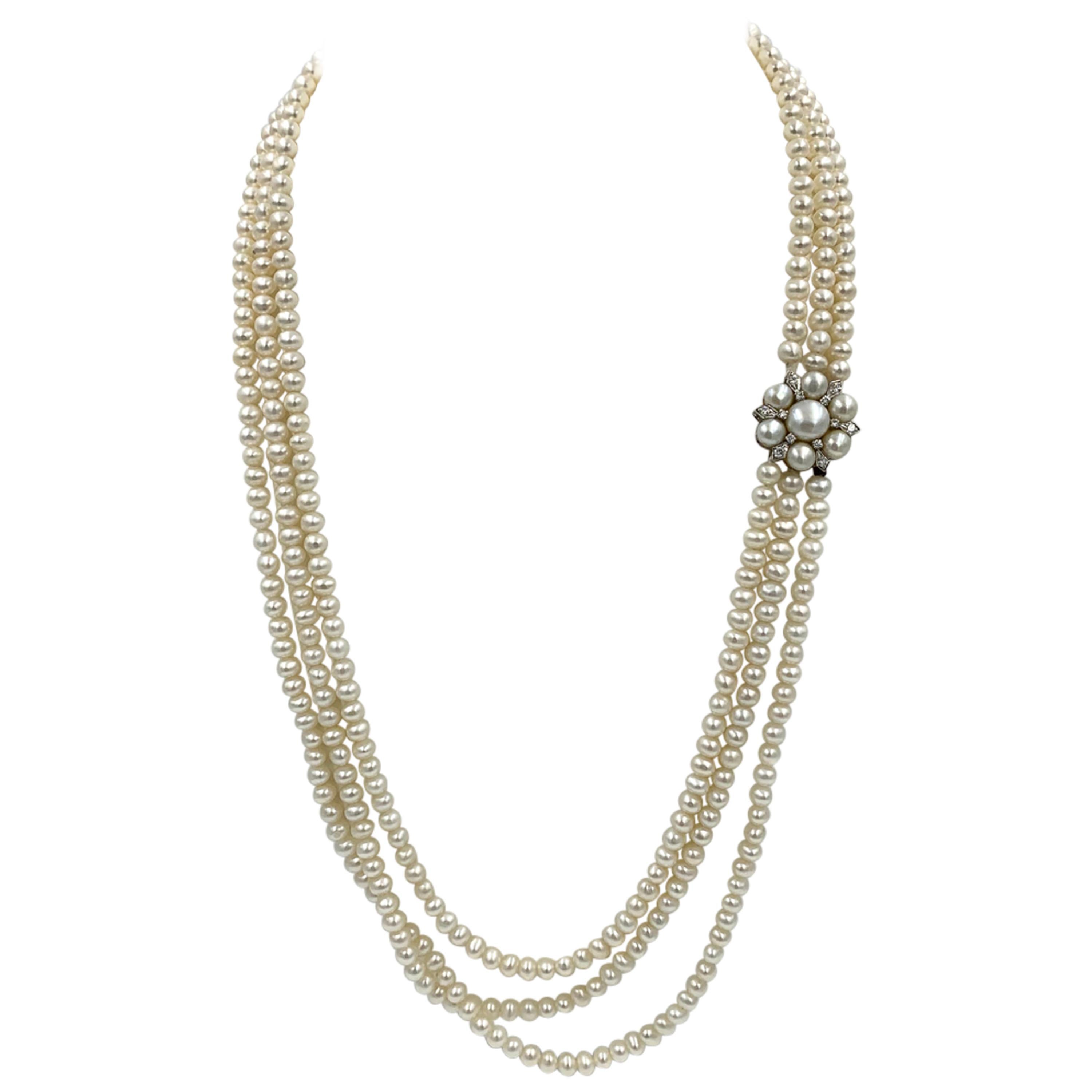 Triple-Strand Pearl Diamond Necklace 14 Karat White Gold Retro Hollywood Regency