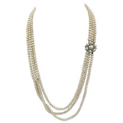 Triple-Strand Pearl Diamond Necklace 14 Karat White Gold Vintage Hollywood Regency