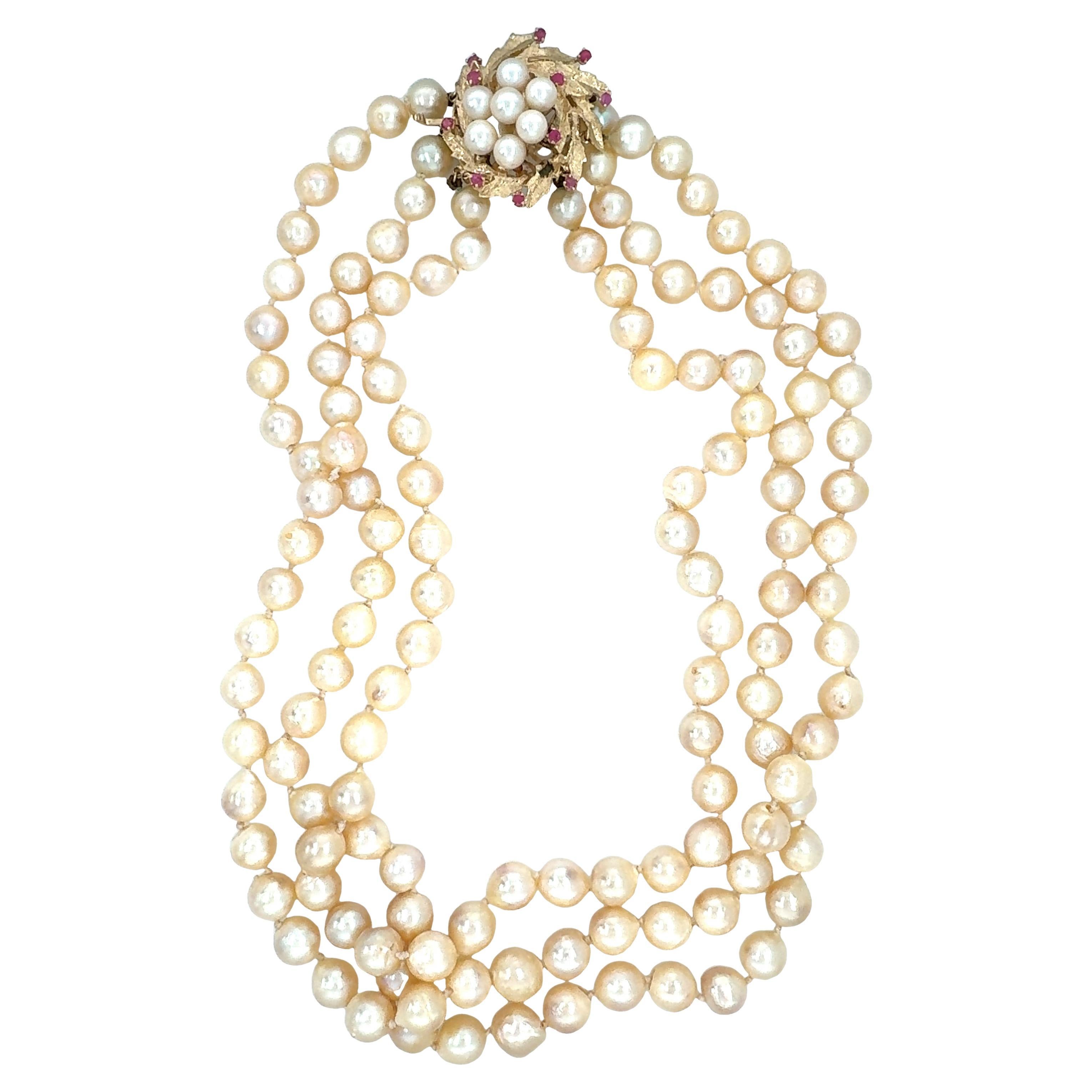 Triple-Strand Pearl Necklace For Sale