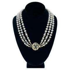 Triple Strand Pearl Necklace with Jeweled Box Clasp