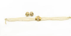 Triple Strand Pearl Rhinestone Gilt Gold Choker Collar Necklace and Earrings Set