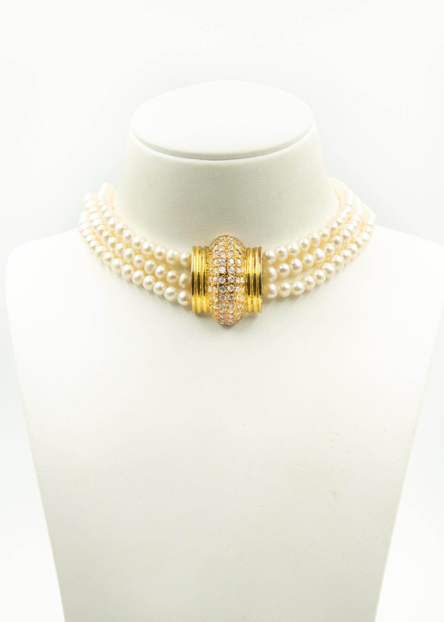 Triple Strand Pearl Rhinestone Gilt Gold Choker Collar Necklace and Earrings Set For Sale 1