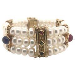 Triple Strand Pearl Slide Bracelet 14K Yellow Gold