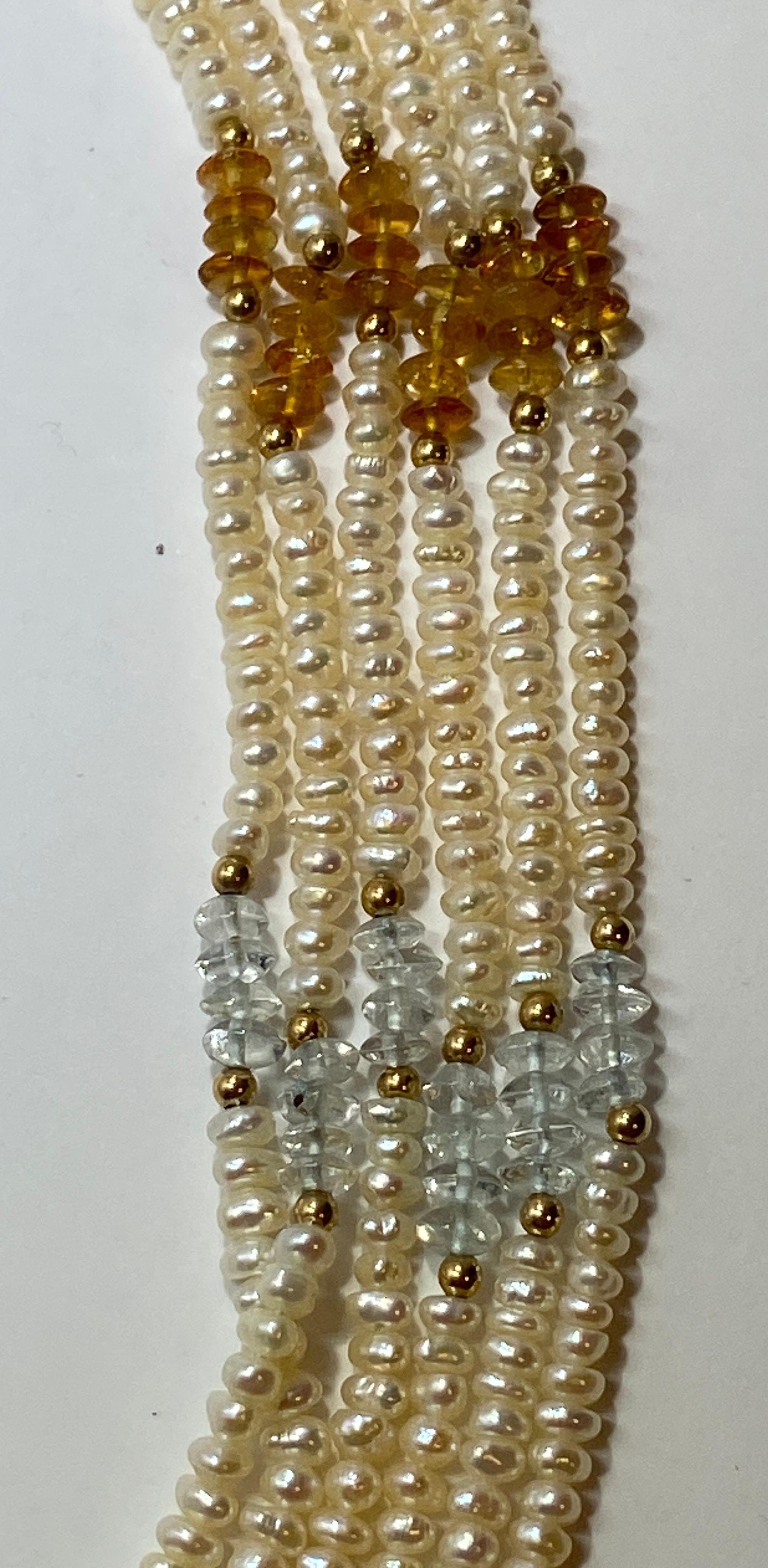 Triple-Strand Pearls with Semi-Precious Stones And Gold Hardware Necklace For Sale 4