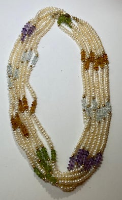 Triple-Strand Pearls with Semi-Precious Stones And Gold Hardware Necklace