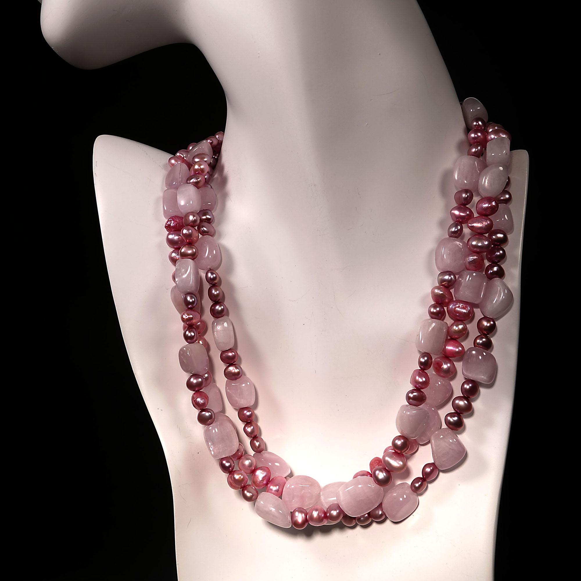 Bead Triple Strand Pink Pearl and Kunzite Necklace