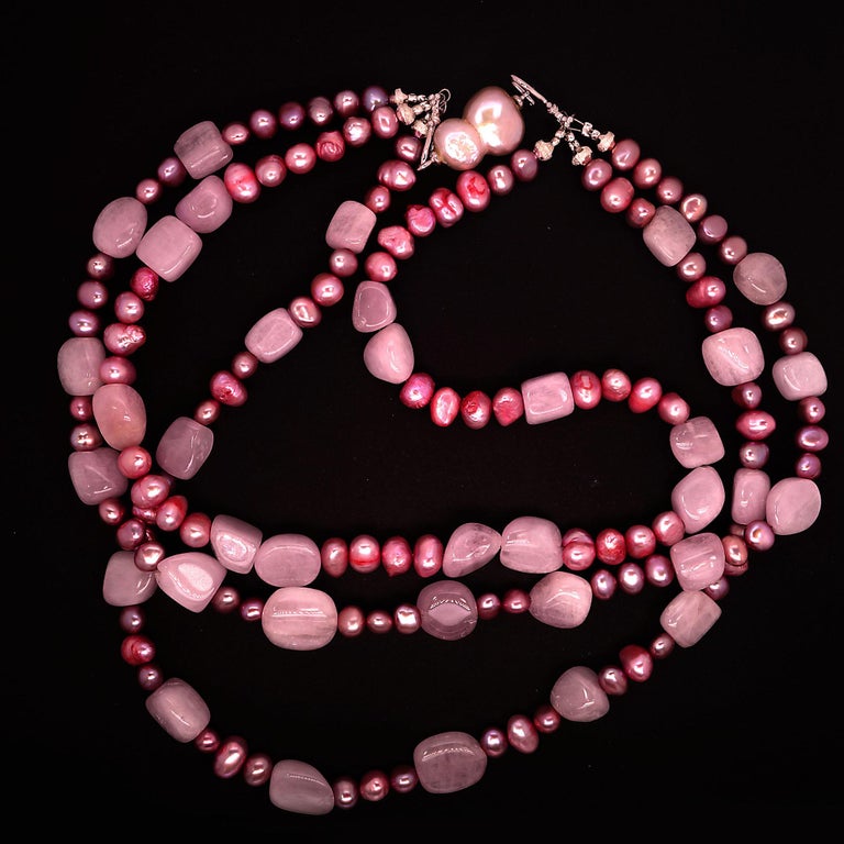 Triple Strand Pink Pearl and Kunzite Necklace at 1stDibs