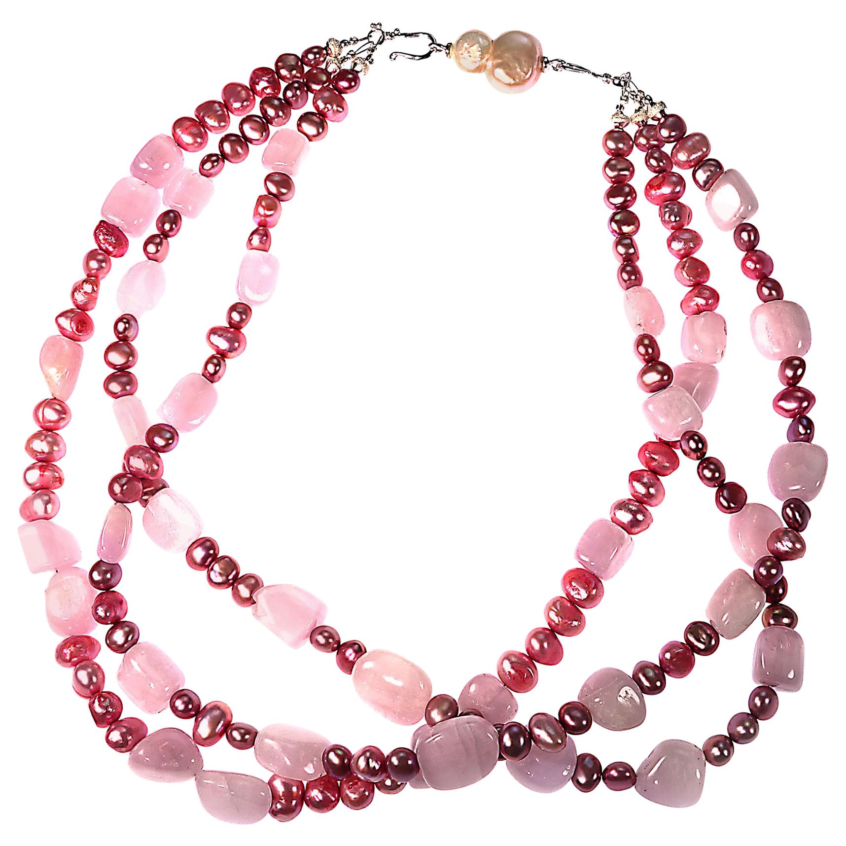 Triple Strand Pink Pearl and Kunzite Necklace