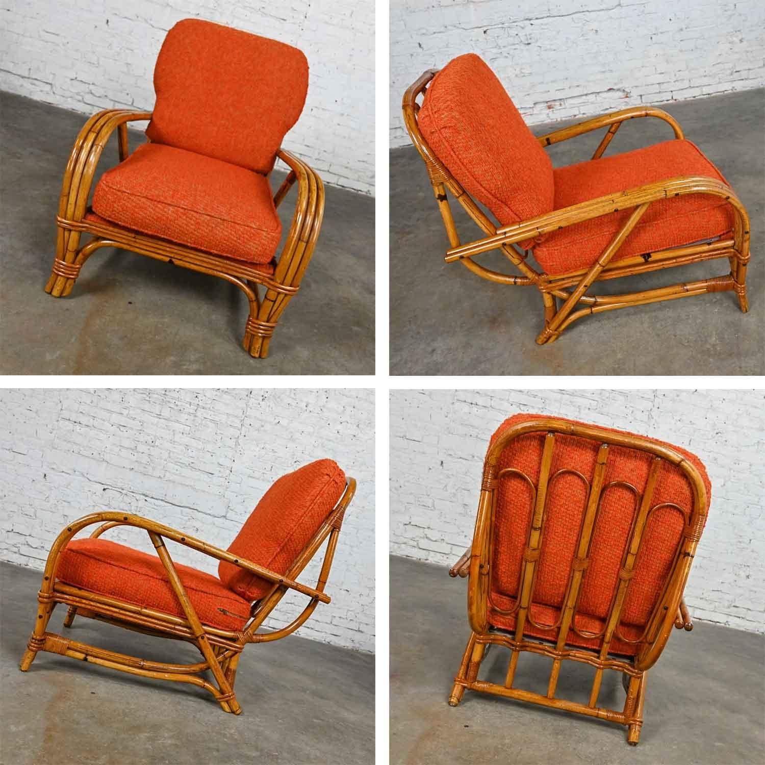 Canapé et chaise en rotin à trois brins et coussins en tissu orange style Heywood Wakefield en vente 3