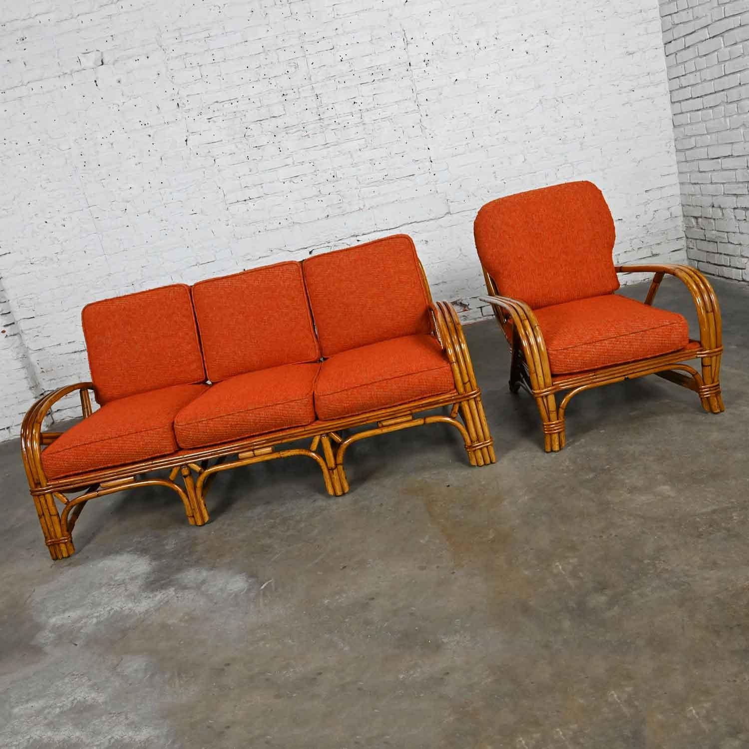 Triple Strand Rattan Sofa & Chair Orange Fabric Cushions Style Heywood Wakefield For Sale 2