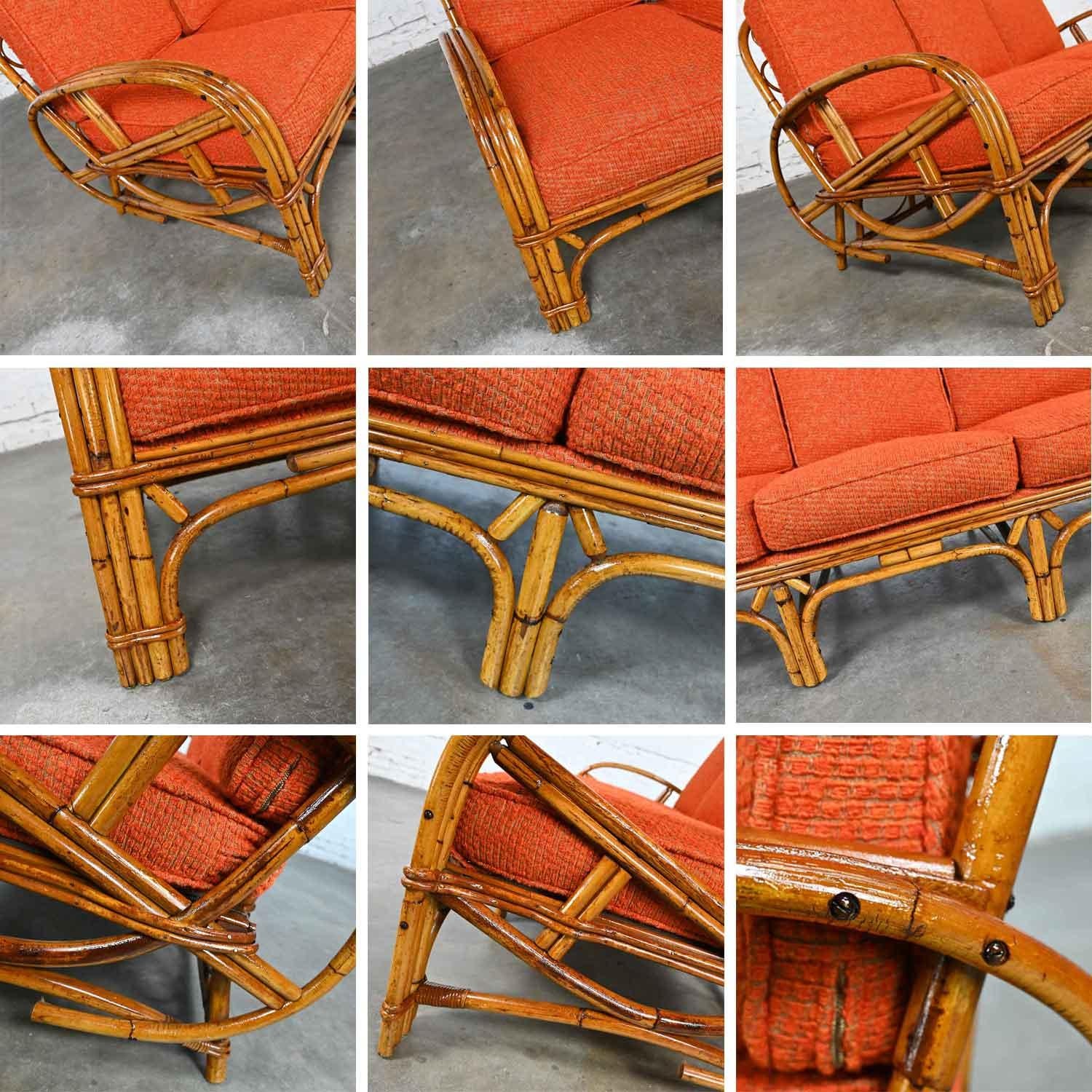 Triple Strand Rattan Sofa & Chair Orange Fabric Cushions Style Heywood Wakefield For Sale 5