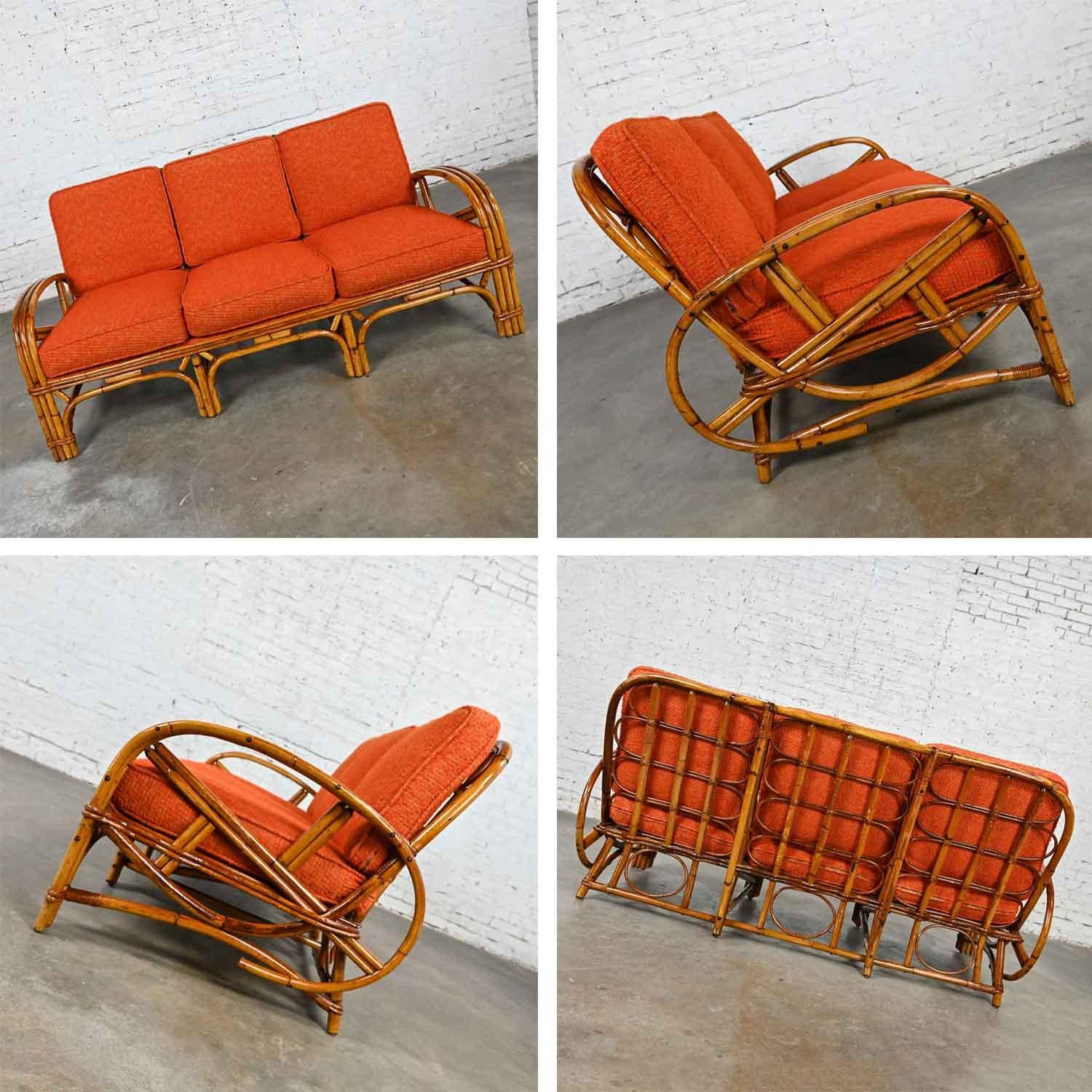 Canapé et chaise en rotin à trois brins et coussins en tissu orange style Heywood Wakefield en vente 10