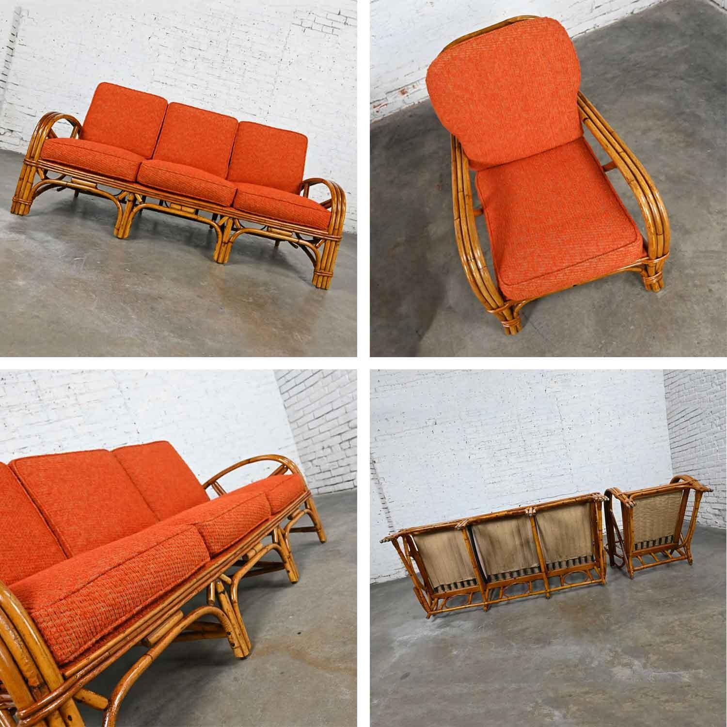 Dreireihiges Rattan-Sofa und Stuhl mit orangefarbenen Stoffkissen im Wakefield-Stil im Angebot 11