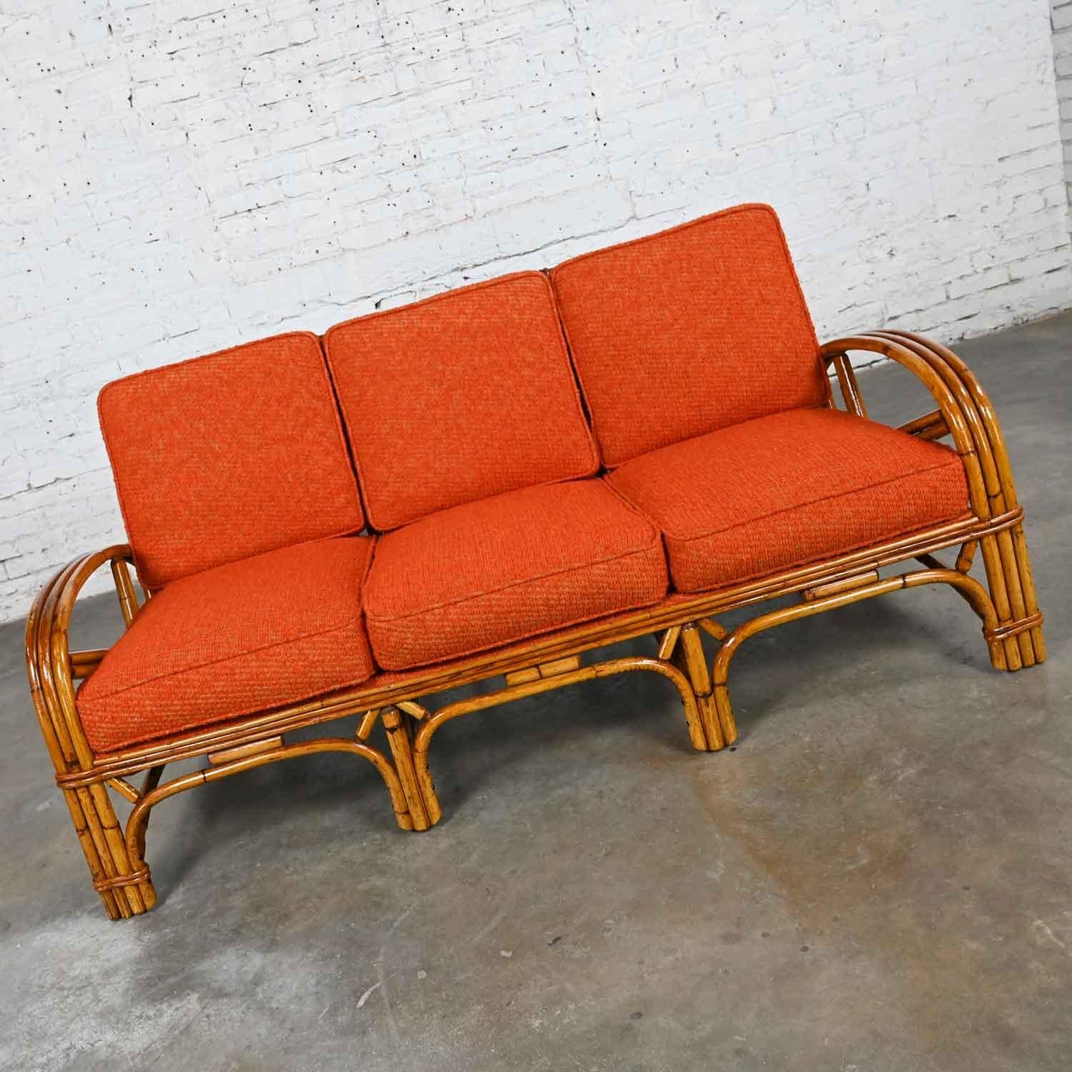 American Triple Strand Rattan Sofa & Chair Orange Fabric Cushions Style Heywood Wakefield For Sale