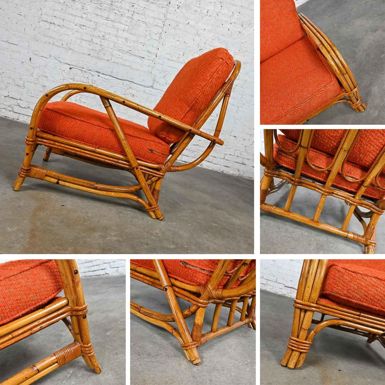 20th Century Triple Strand Rattan Sofa & Chair Orange Fabric Cushions Style Heywood Wakefield For Sale