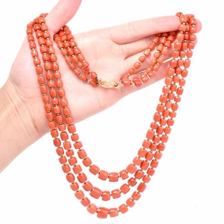 Triple Strand Red Natural Coral Gold Beads Necklace In Excellent Condition For Sale In Miami, FL