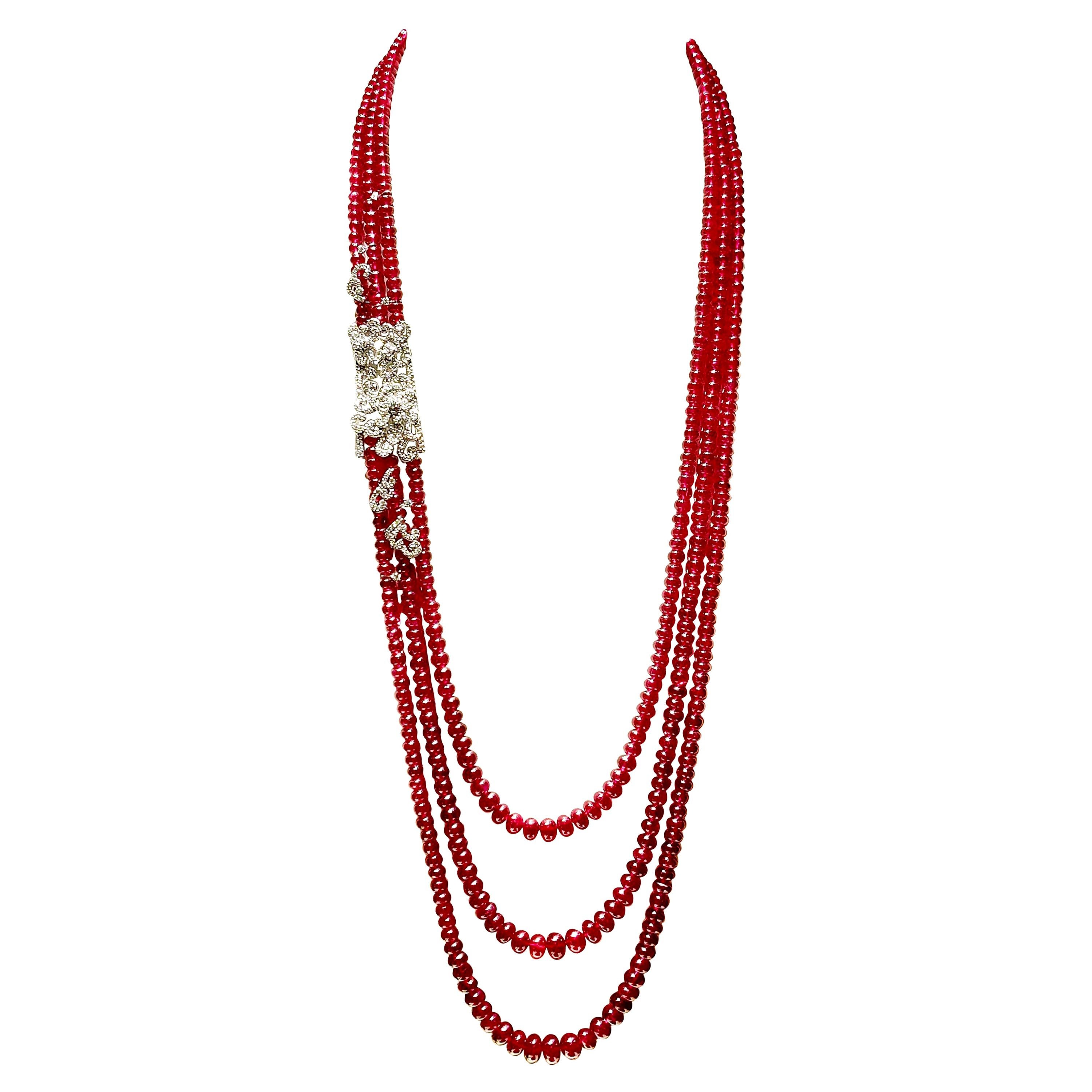 Triple-Strand Red Ruby Bead 18K White Gold Diamond Floral Embellishment Necklace