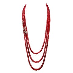 Triple Strand Ruby Bead Necklace w/ a Dash of Diamond White Gold Floral Details