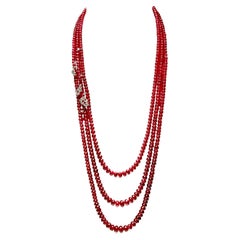 Triple Strand Ruby Bead Necklace w/ a Dash of Diamond White Gold Floral Details