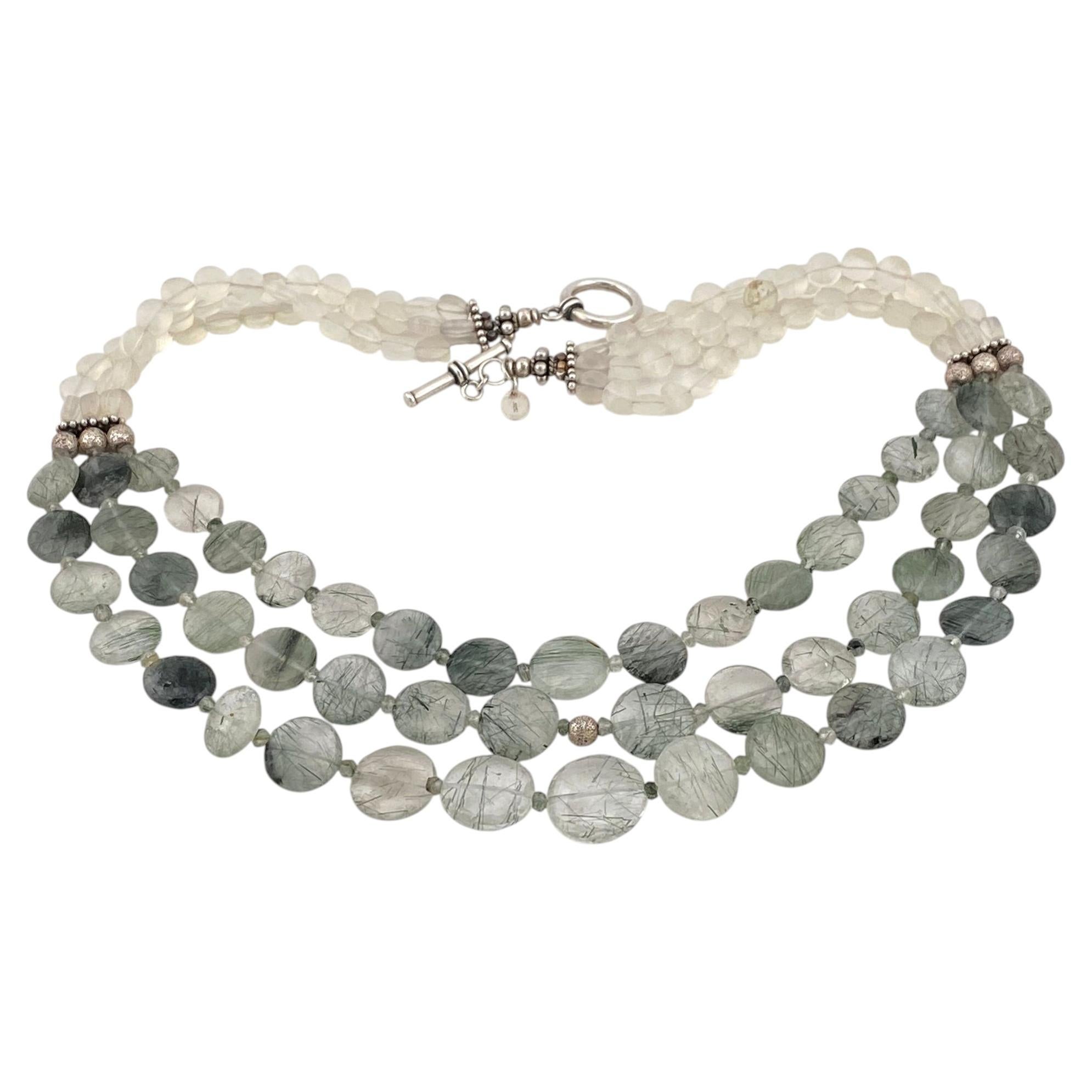 Collar de tres hilos de cuarzo con turmalina y plata de ley, 18 pulgadas
