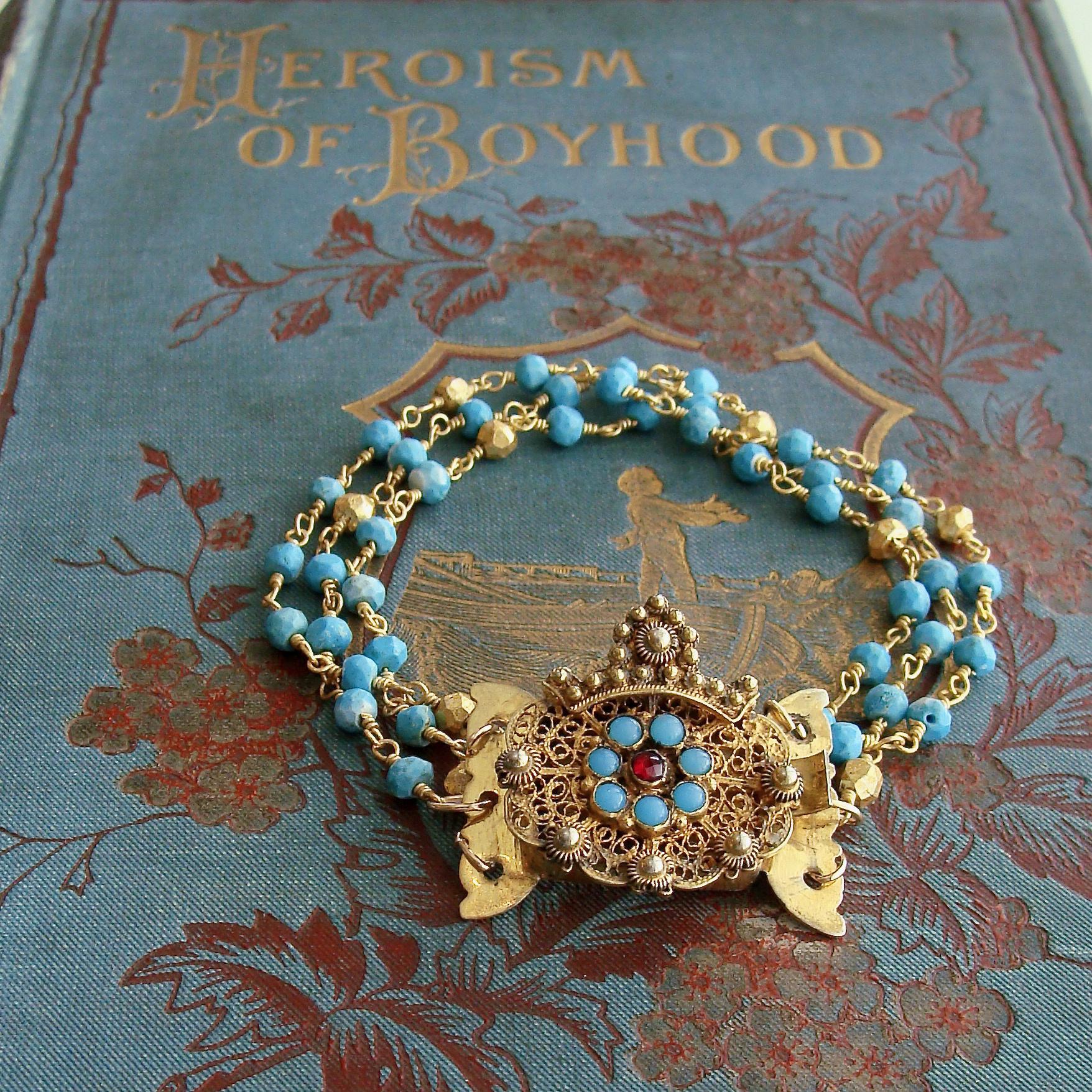 Bead Triple Strand Turquoise Pyrite Bracelet Georgian Turquoise Garnet Clasp For Sale