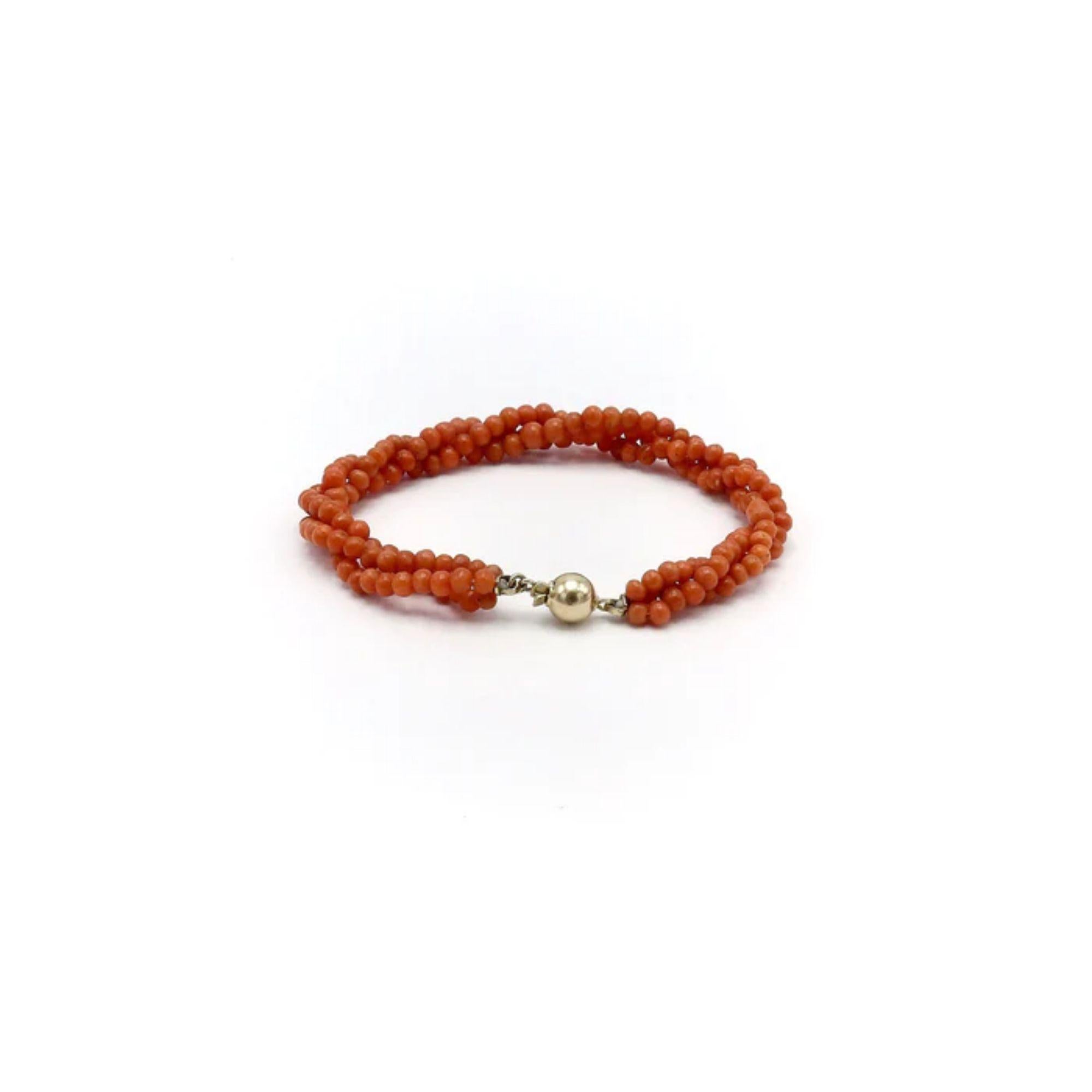 Bead Triple Strand Victorian Salmon Coral Bracelet with 14K Gold Clasp, Circa 1900 For Sale