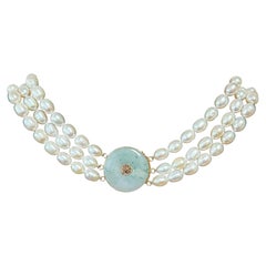Triple Stranded Pearl Beaded Necklace Jade Clasp 14K Yellow Gold
