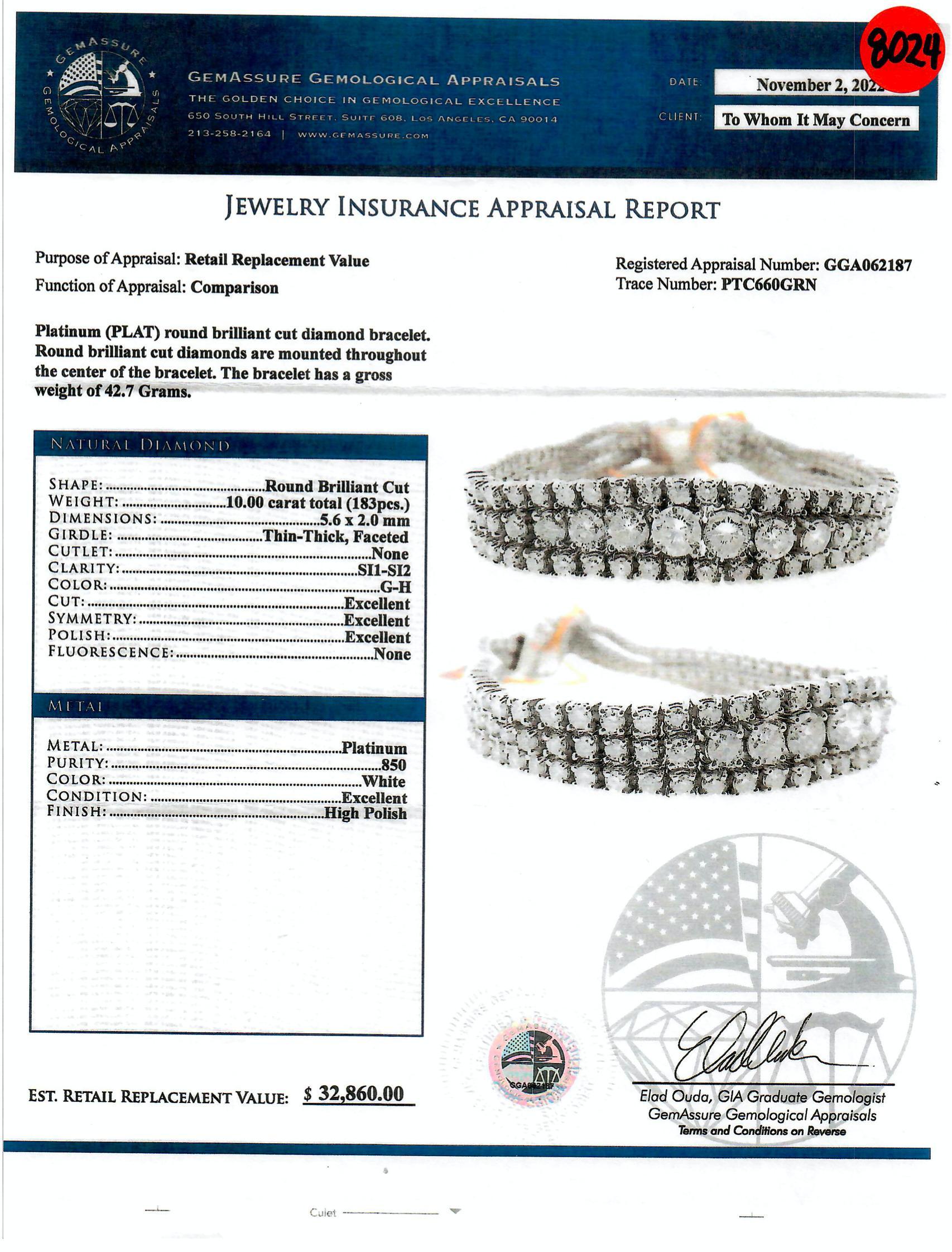 Item #8024

GGA - Gemassure Gemological Appraisals Certified
Platinum Ladies Triple Tennis Bracelet with 10.00 carat Diamonds
Platinum (PLAT) round brilliant cut diamond bracelet. Round brilliant cut diamonds are mounted throughout the center of the