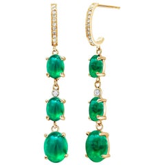 Triple Tier Cabochon Emerald and Diamond Yellow Gold Hoop Drop Earrings