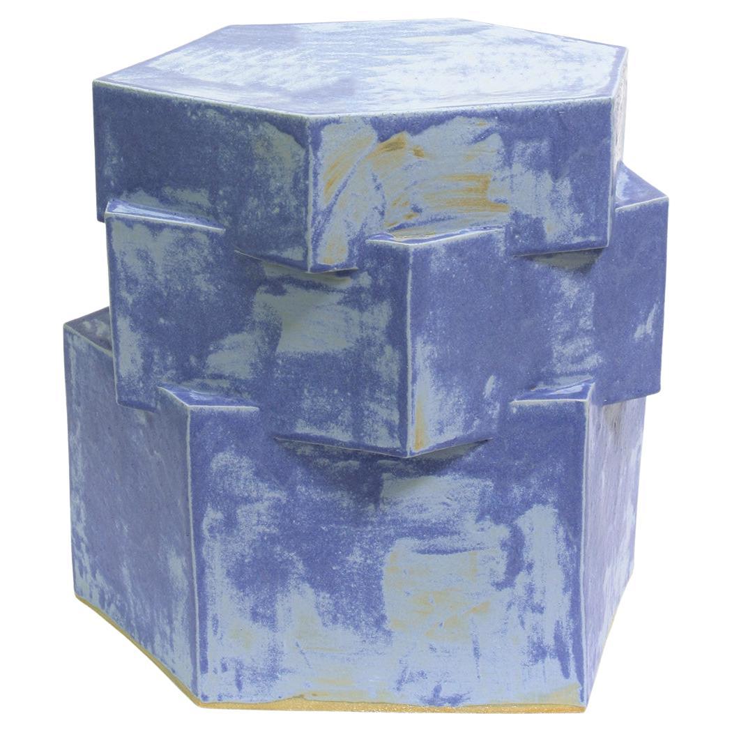 Triple Tier Ceramic Hex Side Table in Blue Matte by Bzippy For Sale