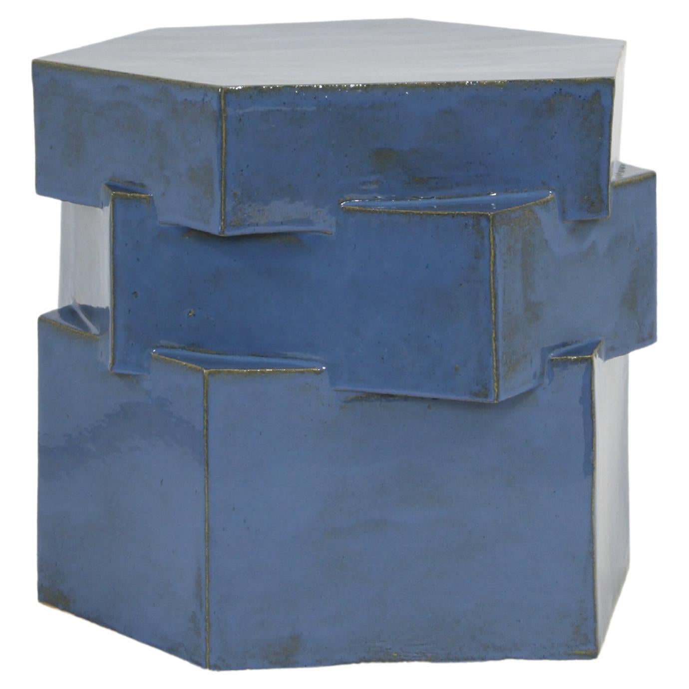 Triple Tier Ceramic Hex Side Table in Blue Opal by Bzippy For Sale