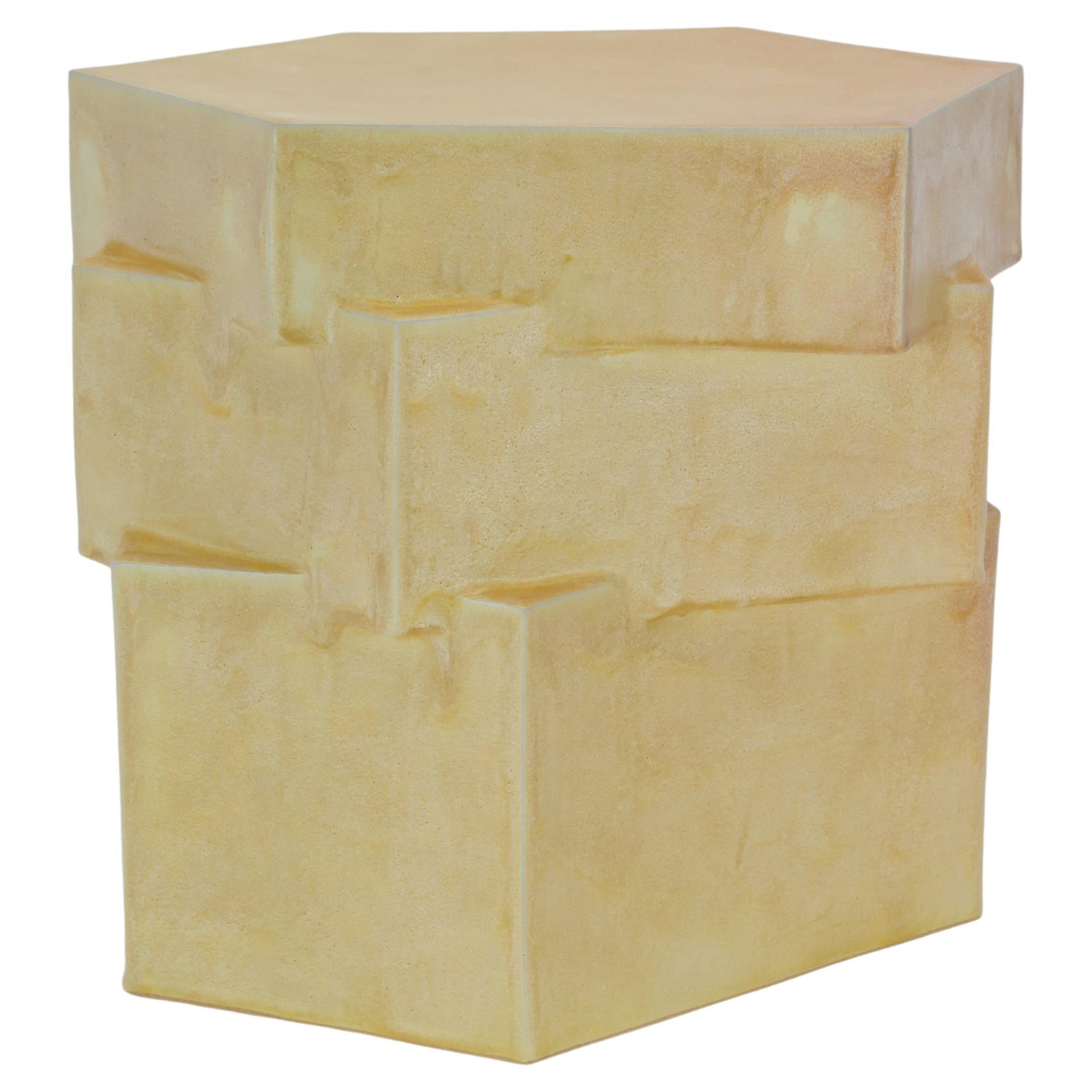 Triple Tier Ceramic Hex Side Table in Buttery Yellow by BZIPPY For Sale